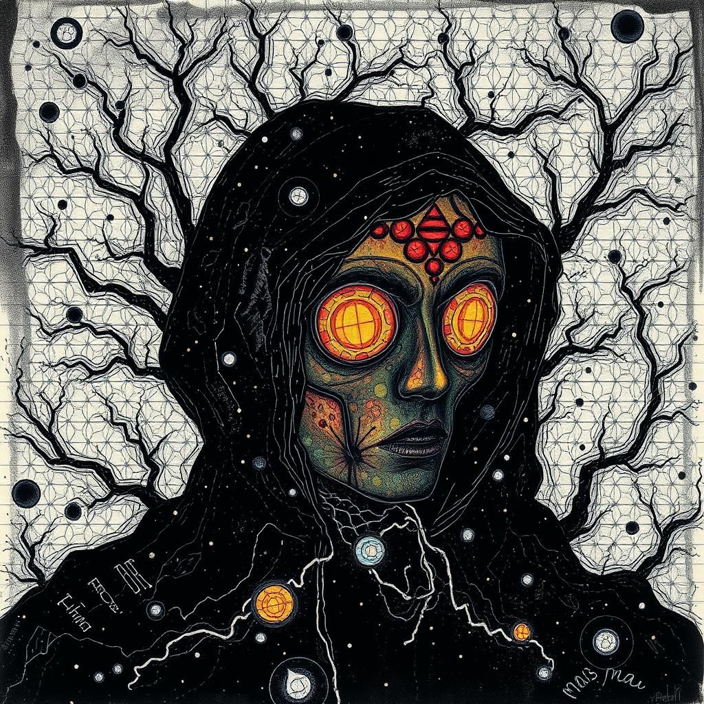 Complex Ink Drawing in Gloomy Psychedelic Colors