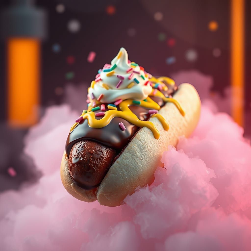 Chocolate Hot Dog Extravaganza in Dreamlike Background