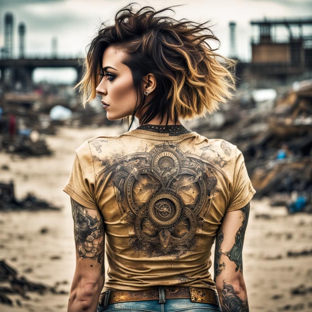 Steampunk Girl with Tattoos and Riveted Daisy Dukes