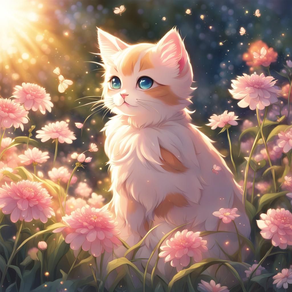 Kitten Playing with Flowers in Anime Style