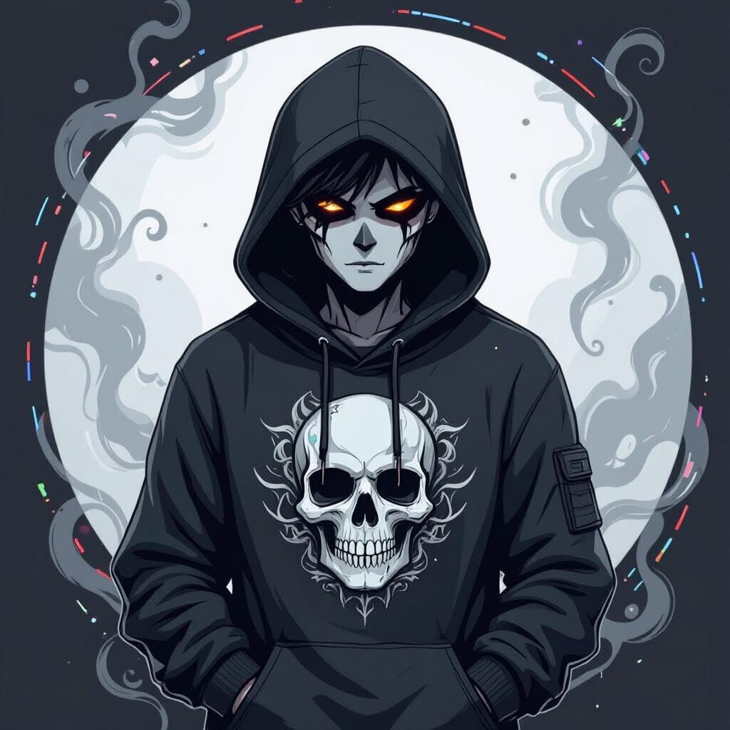Monochrome Skull Hoodie Character with Glitch Effects
