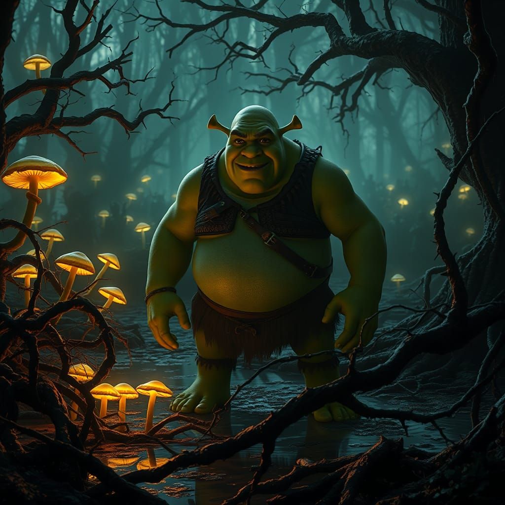 Shrek Guards His Swamp: A Dark Fantasy Scene