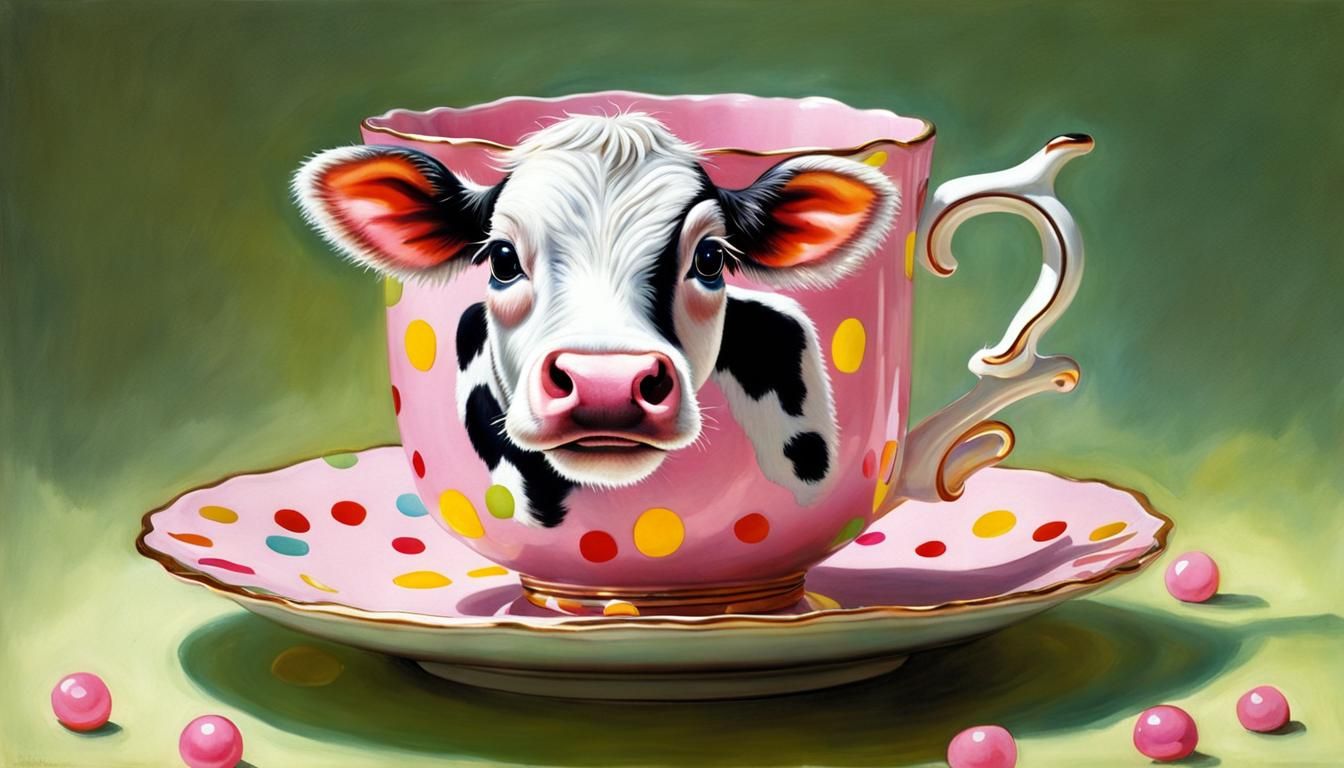 Cute Cow Girl in Teacup, Watercolor Painting