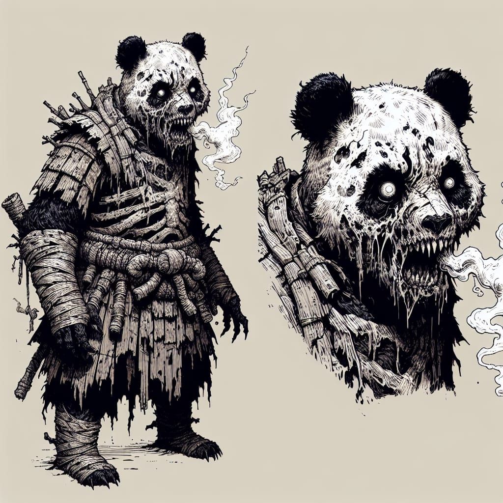 Zombie Panda Warrior Character Design in Ukiyo-e Style