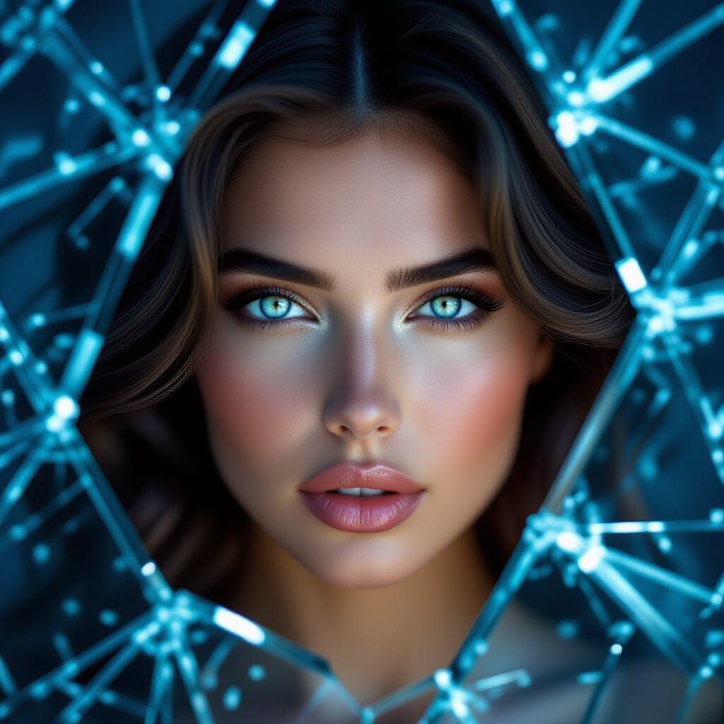 Intense Close-Up Portrait of Woman Behind Shattered Glass