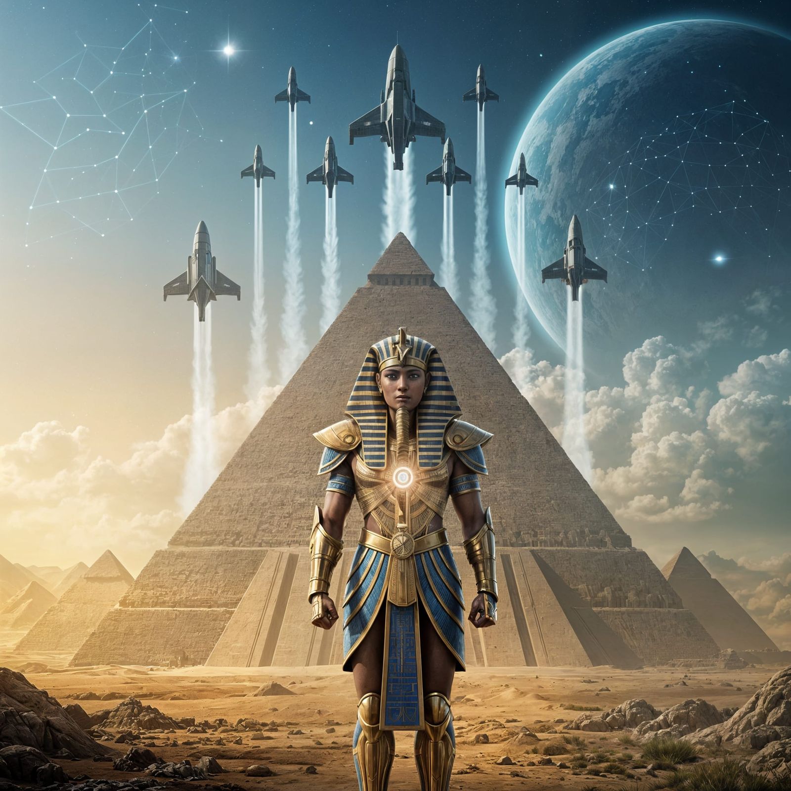 Futuristic Pharaoh Oversees Starship Launch