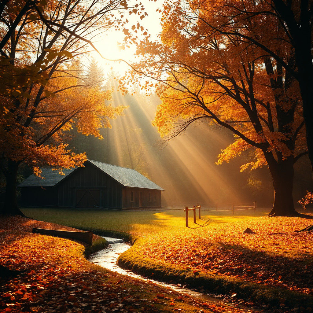 Autumnal Forest Scene with Rustic Barn at Sunset