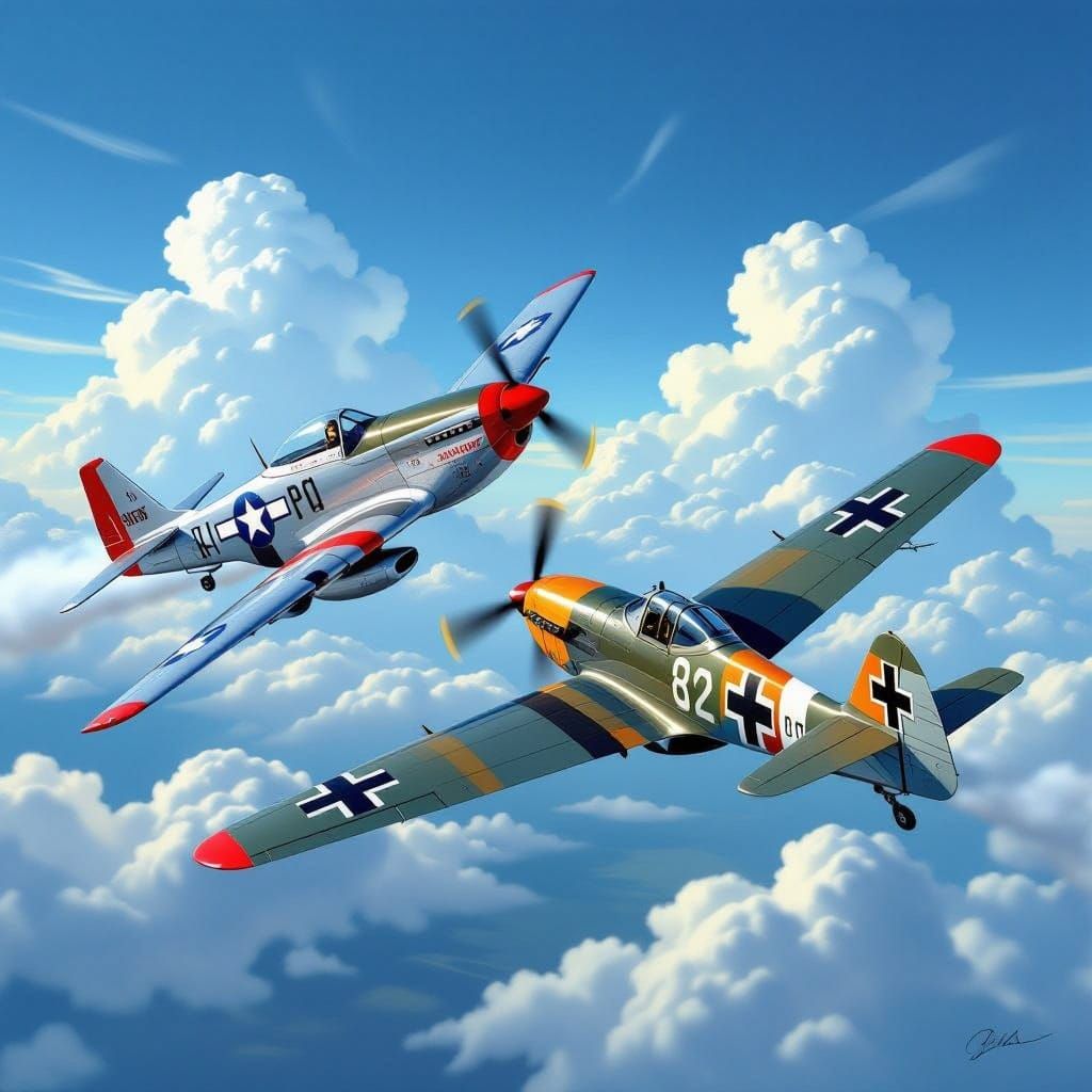 Sleek P-51 Mustang Engages Rugged BF 109 in Aerial Dogfight