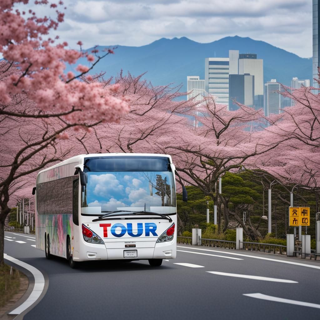 Sleek Modern Tour Bus in Japan, Hyperrealistic