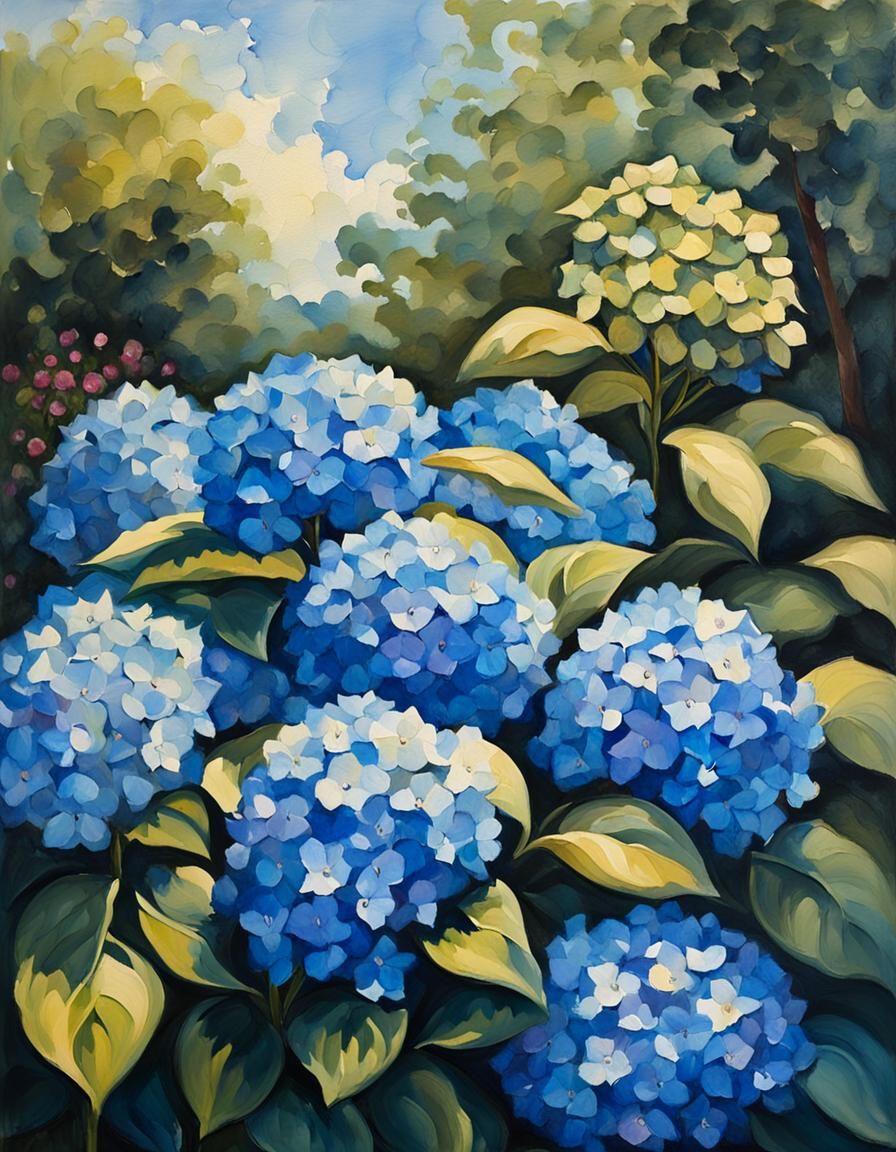 Blue Hydrangeas in Gouache Style Impressionist Garden