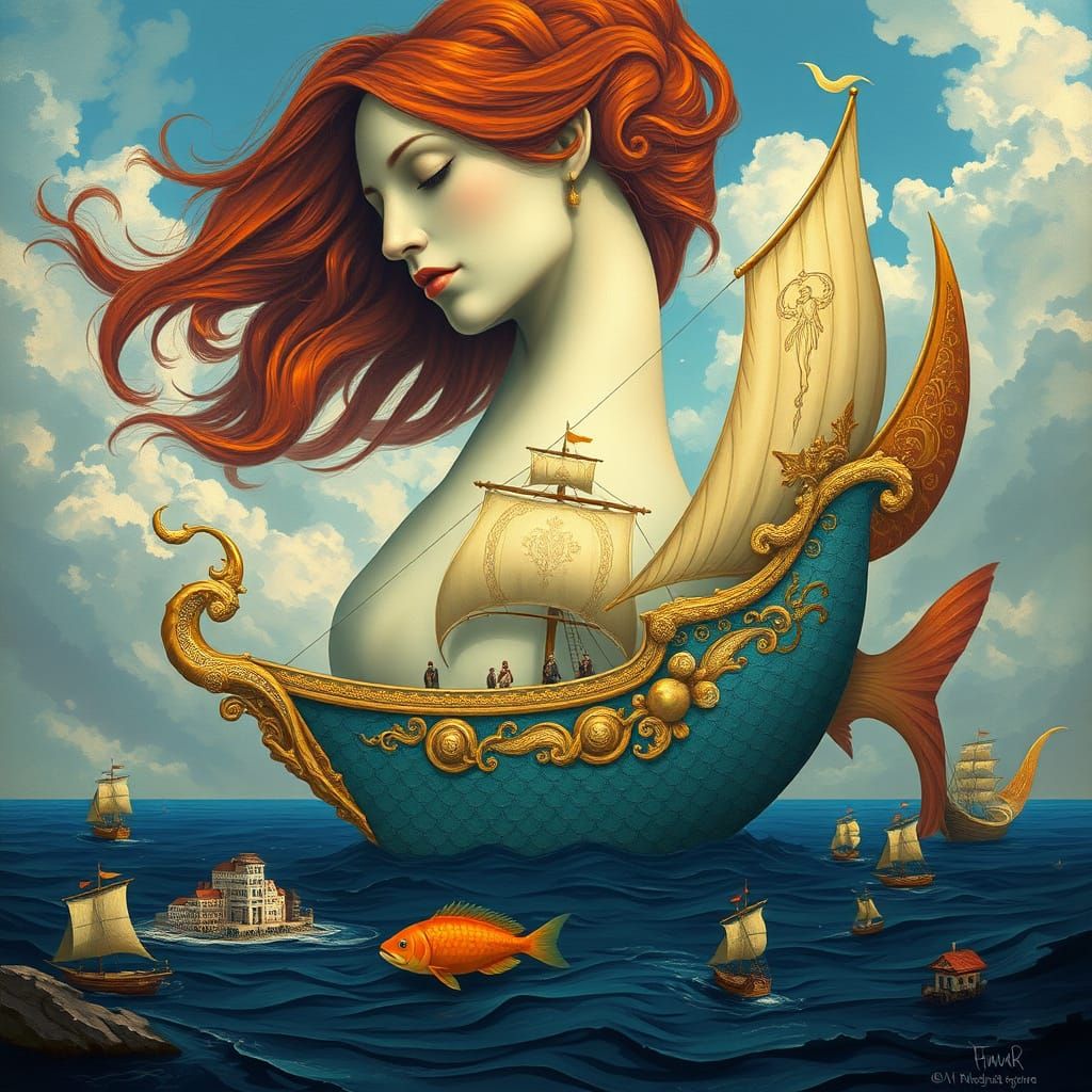 Surreal Seascape: Colossal Figure Merging with Ship