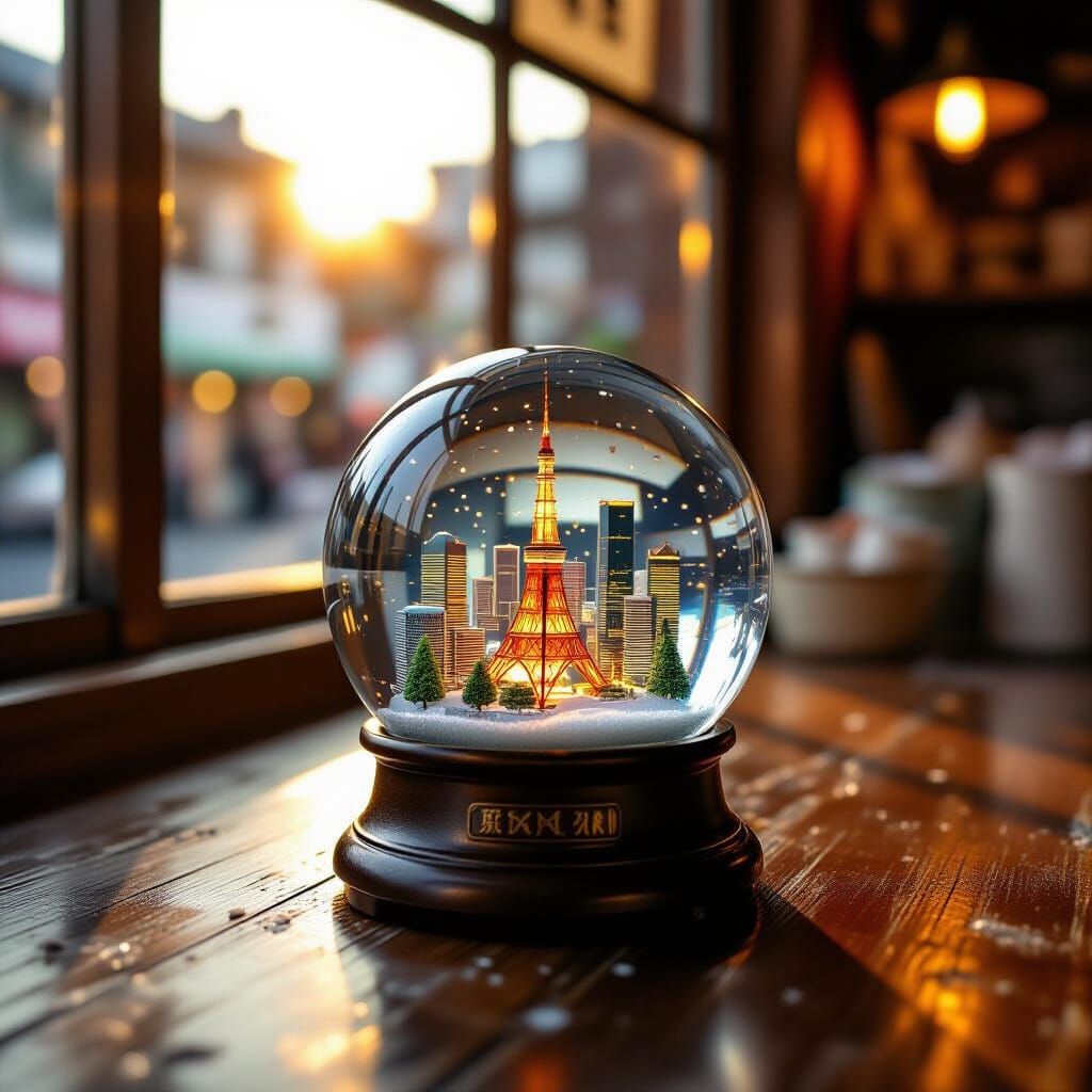 Miniature Tokyo Snow Globe in Golden Hour Light