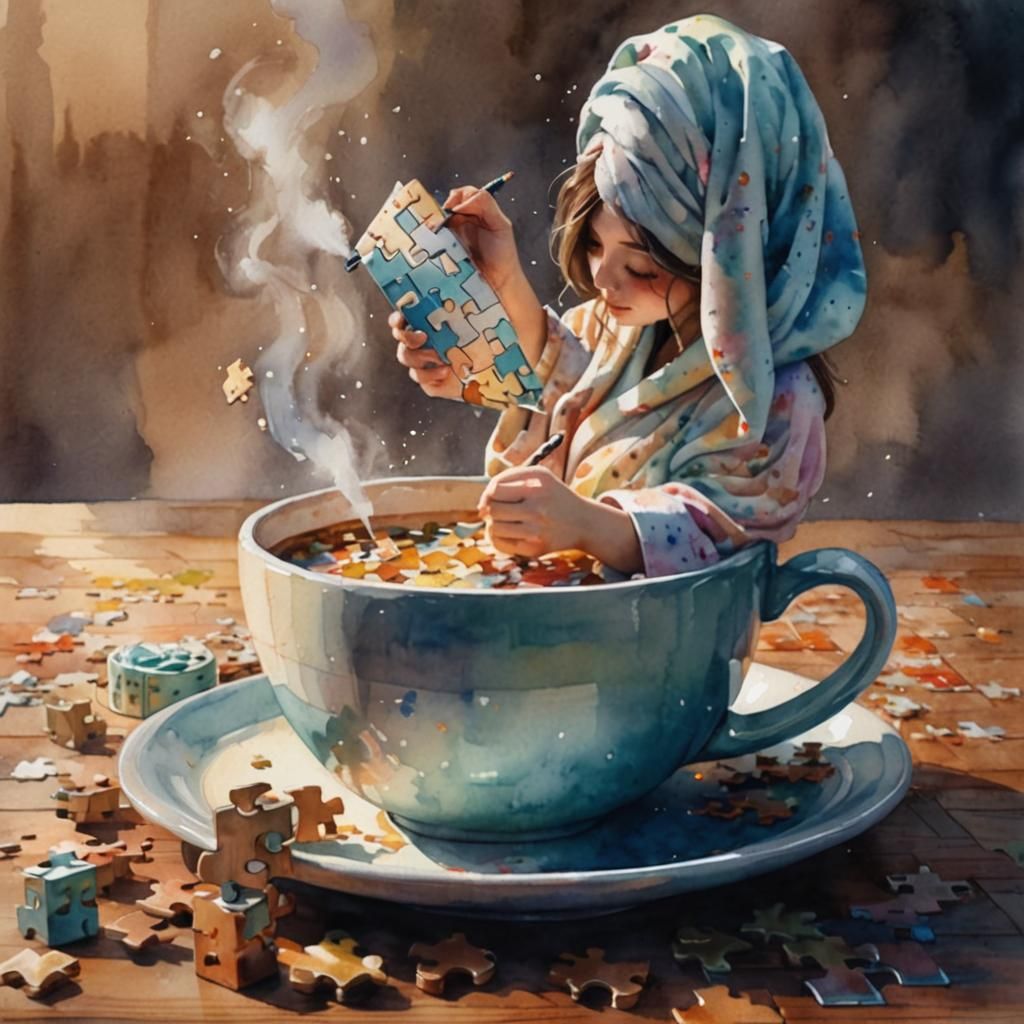 Cozy Person in Teacup: Whimsical Watercolor Scene