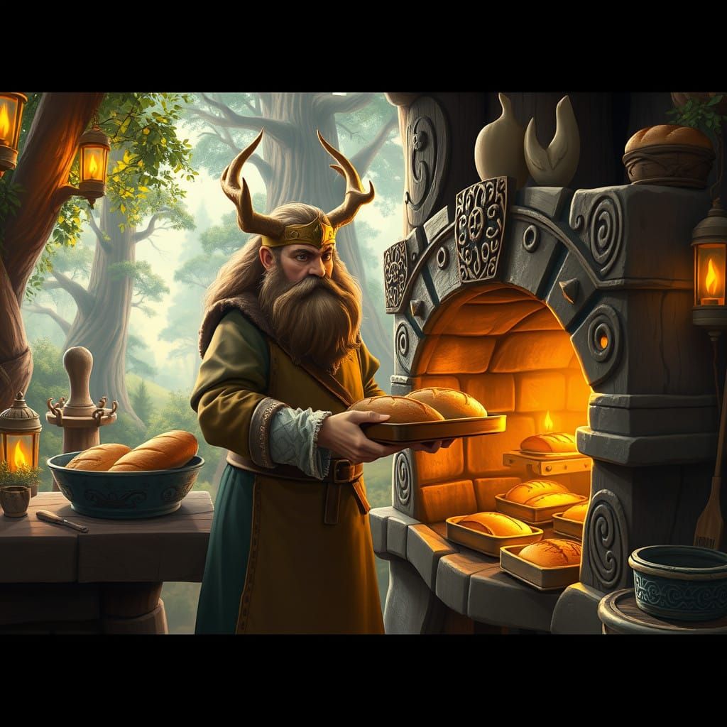 Odin in Whimsical Bakery, Pulling Fresh Loaves from Wood-Fir...