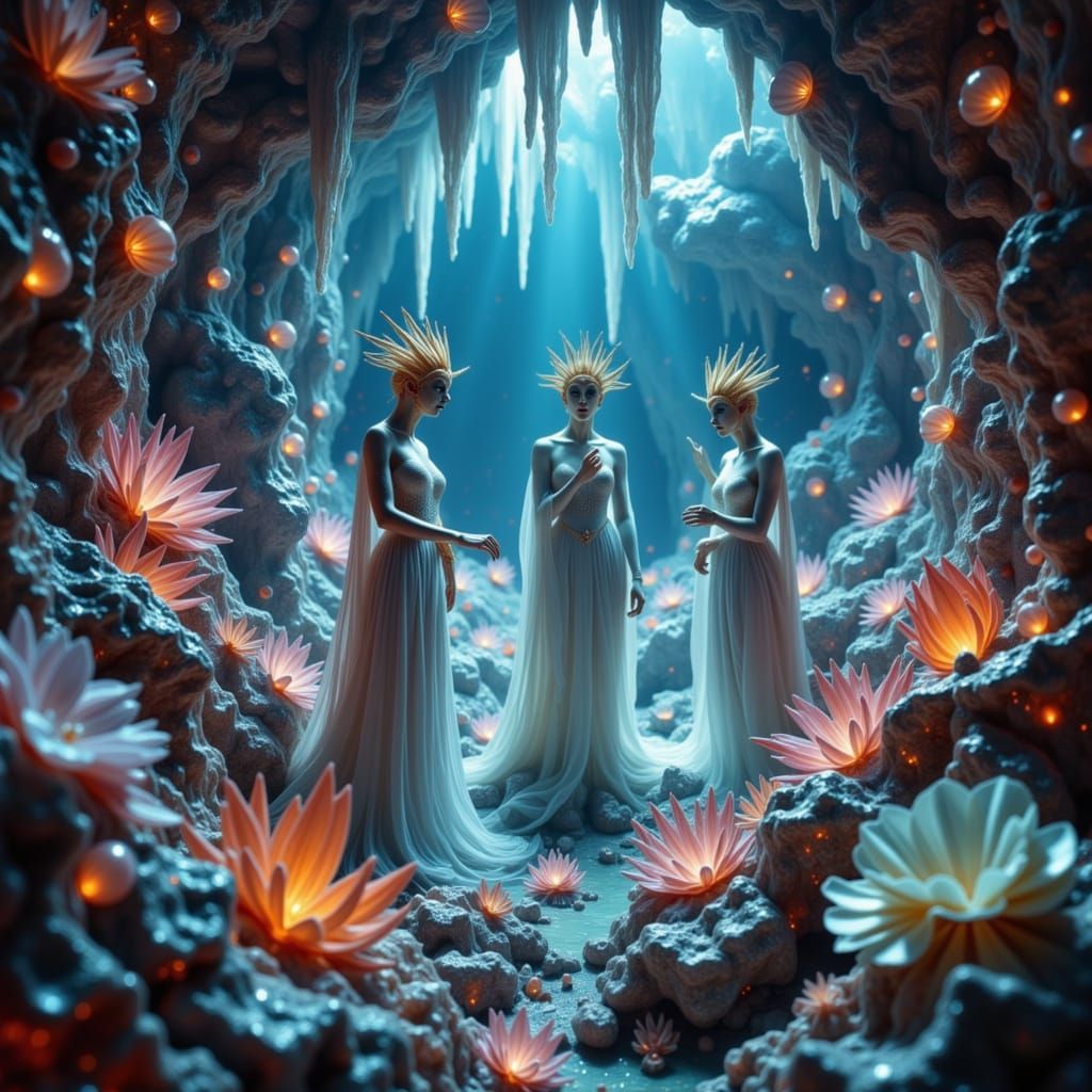Ethereal Beings Gather in Bioluminescent Grotto