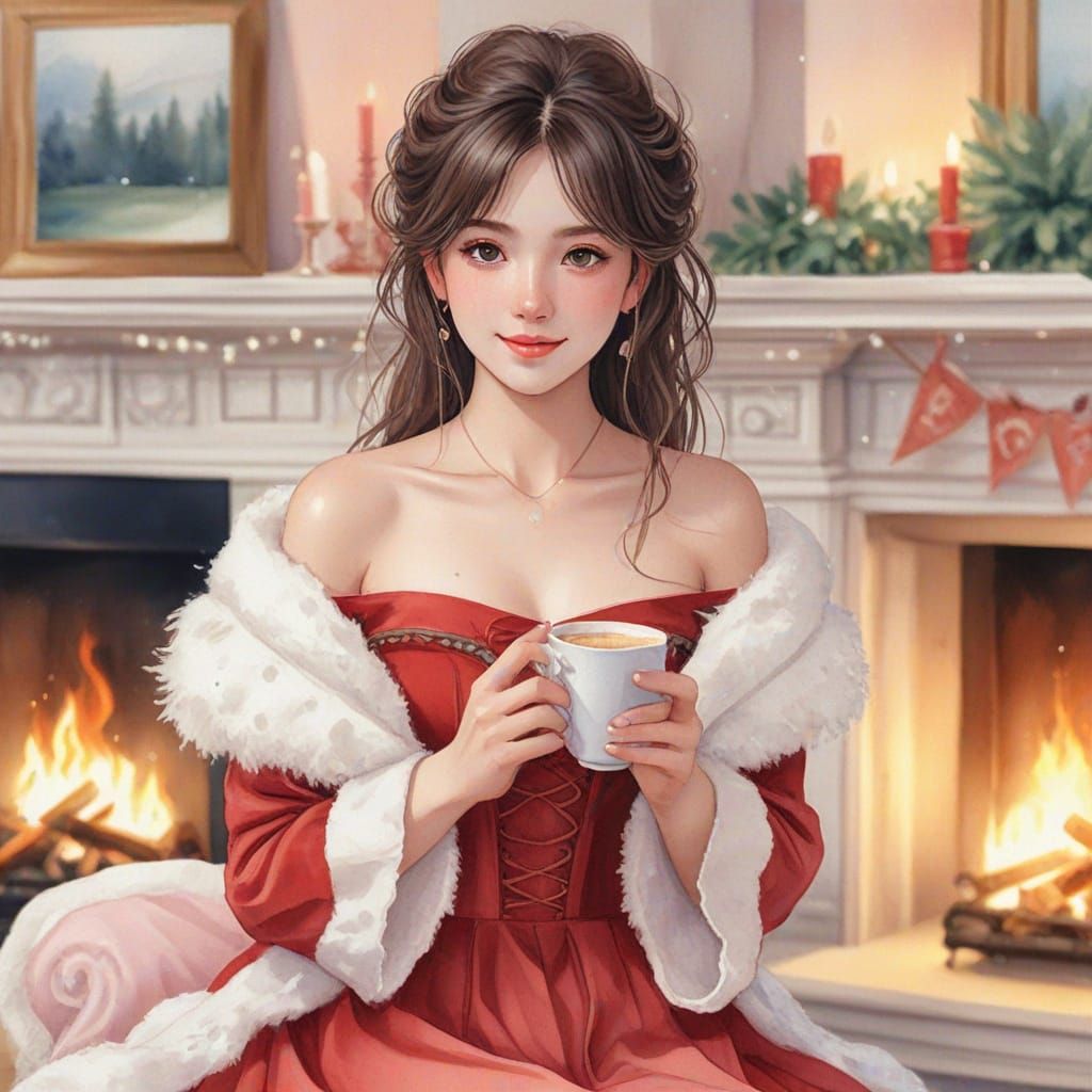 Whimsical Christmas Scene with Anime Girl and Fireplace