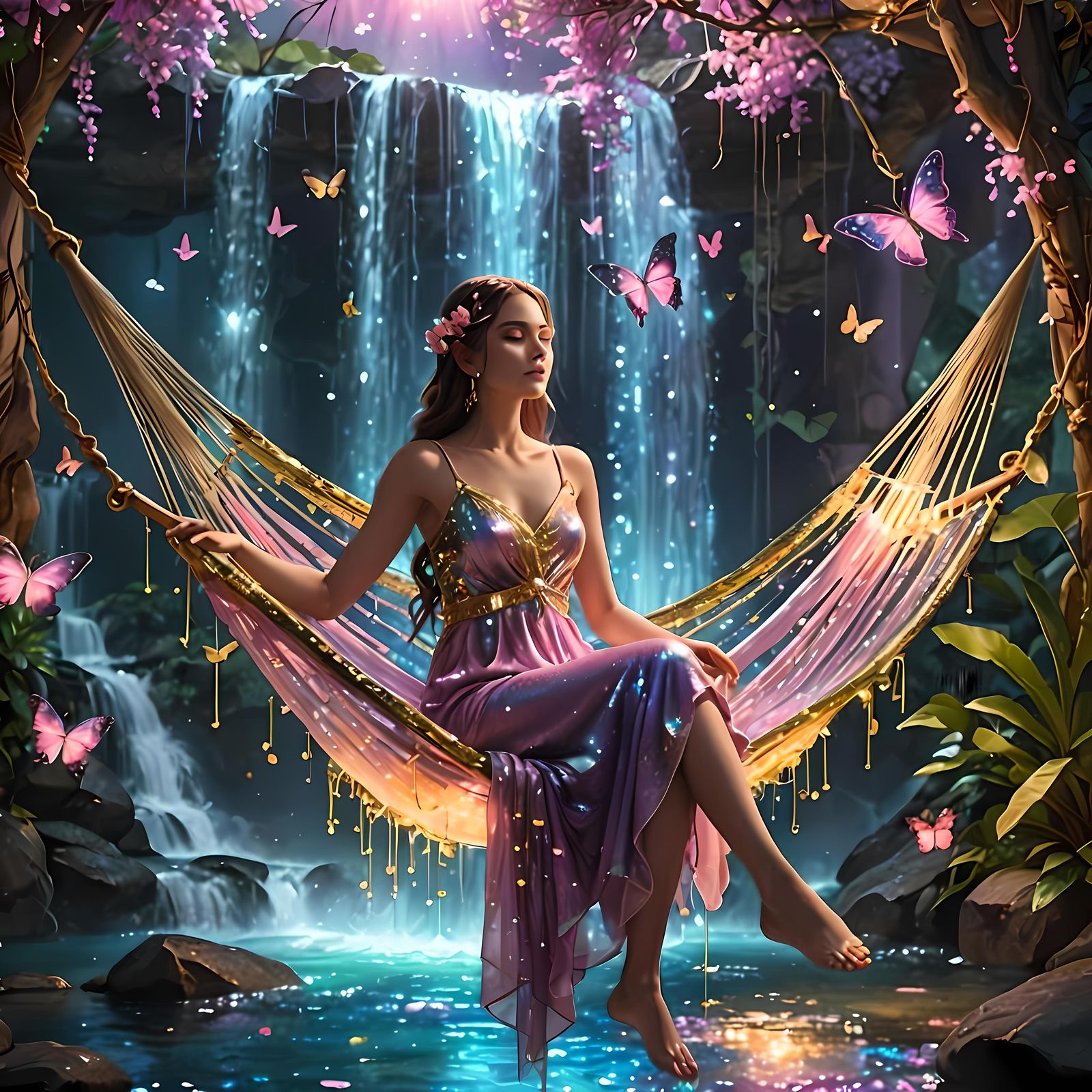Sparkling Woman in Hammock Above Waterfall