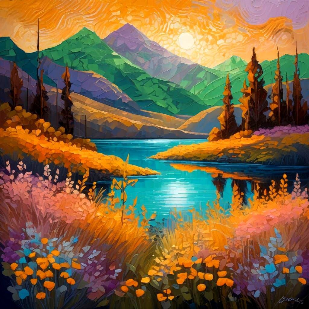 Expressionist Landscape with Serene Lake and Mountains