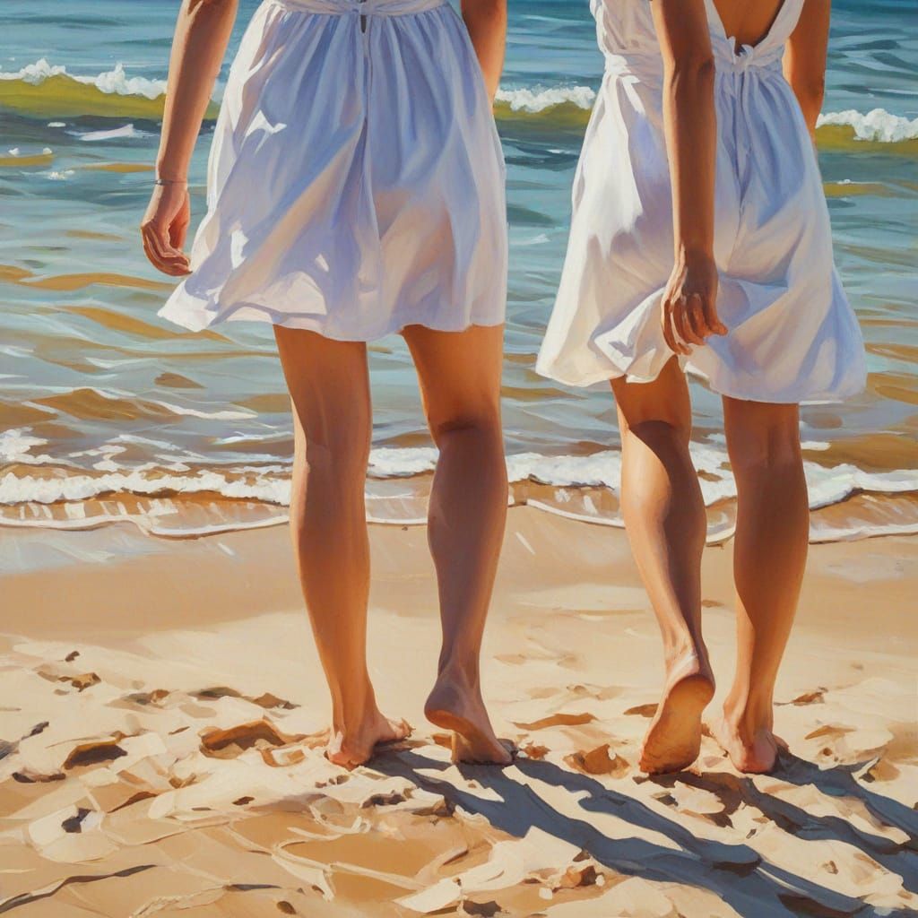 Women on a Sunny Beach as Oil Painting