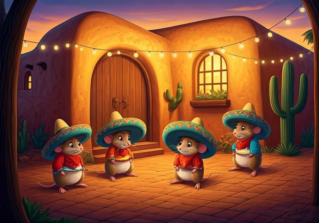 Anthropomorphic Mice Celebrate Sunset in Cartoon Style