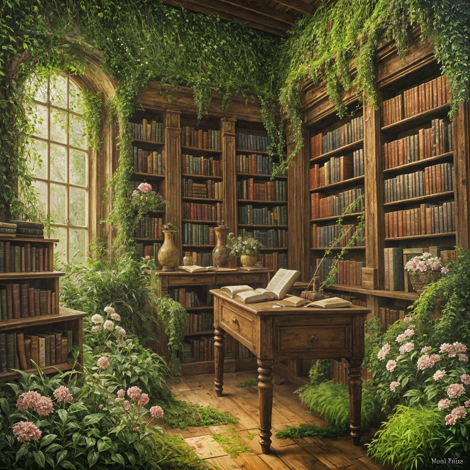 Lush Library in a Realistic Oil Painting Style
