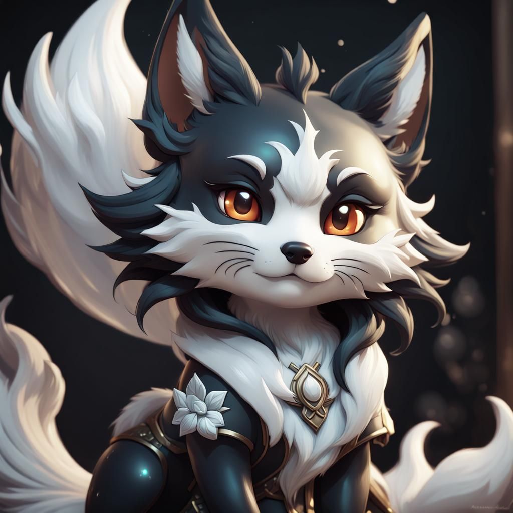Chibi Black and White Kitsune Portrait