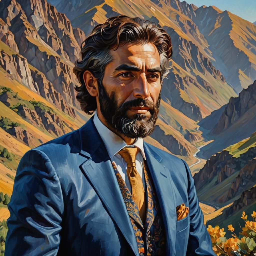 Expressionist Portrait of Bearded Man in Blue Suit