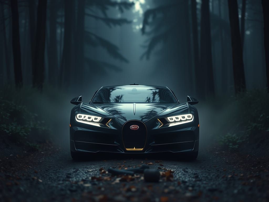 Black Bugatti Divo in Misty Forest, Cinematic Lighting