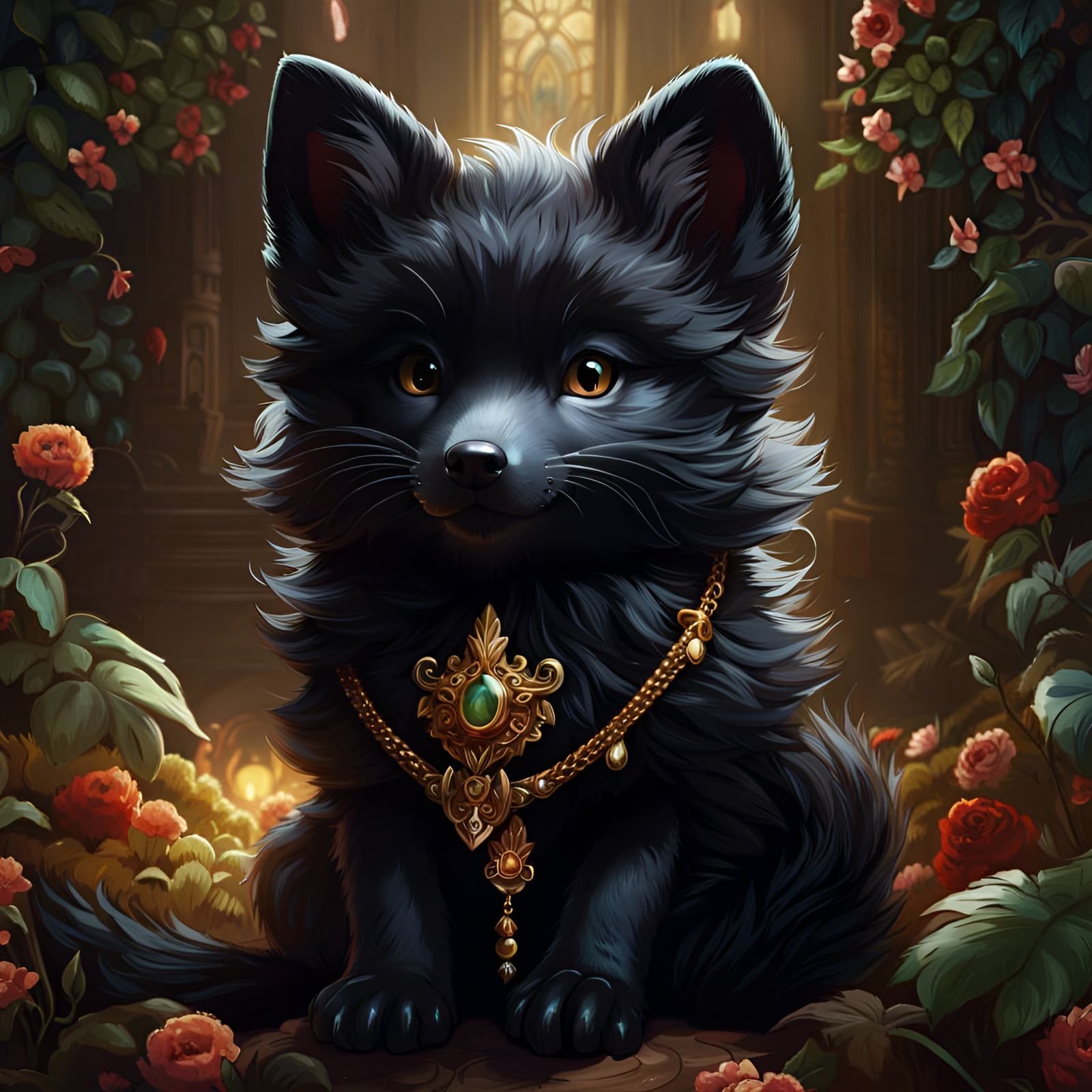 Cute Black Fox Puppy in Rococo Style