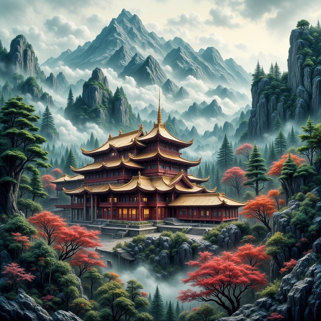 Serene Buddhist Temple in Crimson Hues