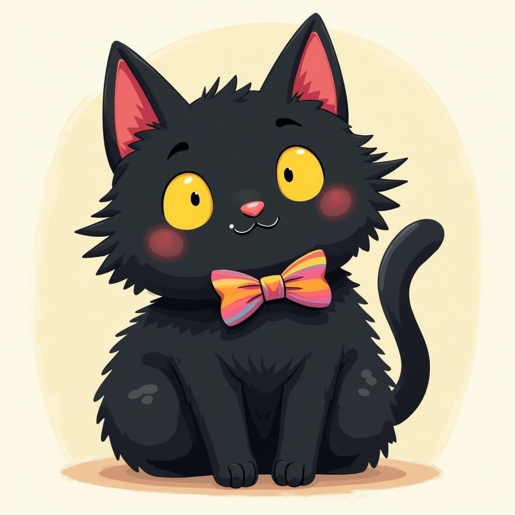 Chubby Black Cat in Rainbow Bowtie