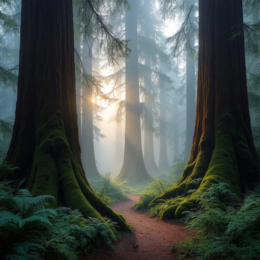 Majestic Redwood Forest at Dawn with Ethereal Mist