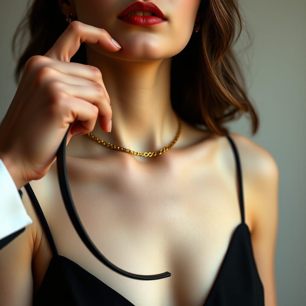 Elegant Woman in Gold Chain Collar and Leash