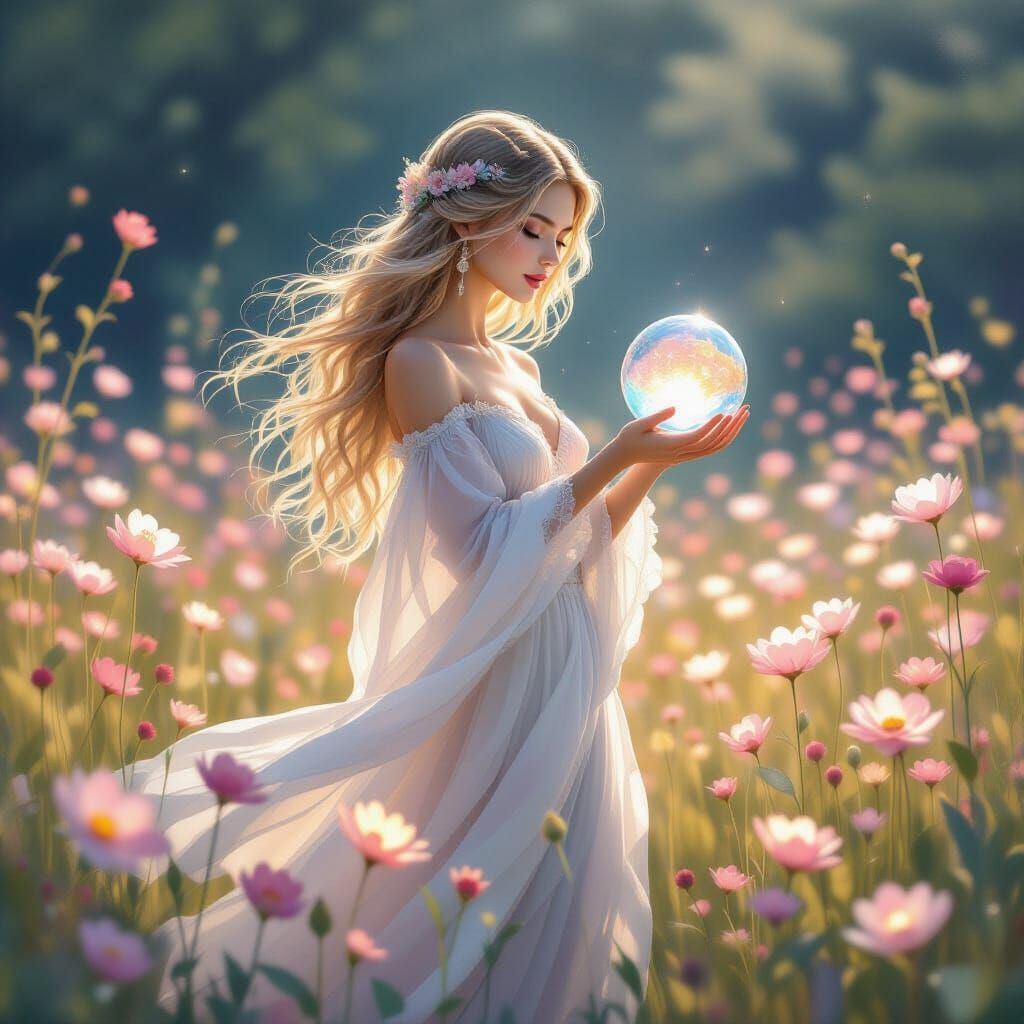 Ethereal Goddess in Glowing Flower Field: Watercolor Art