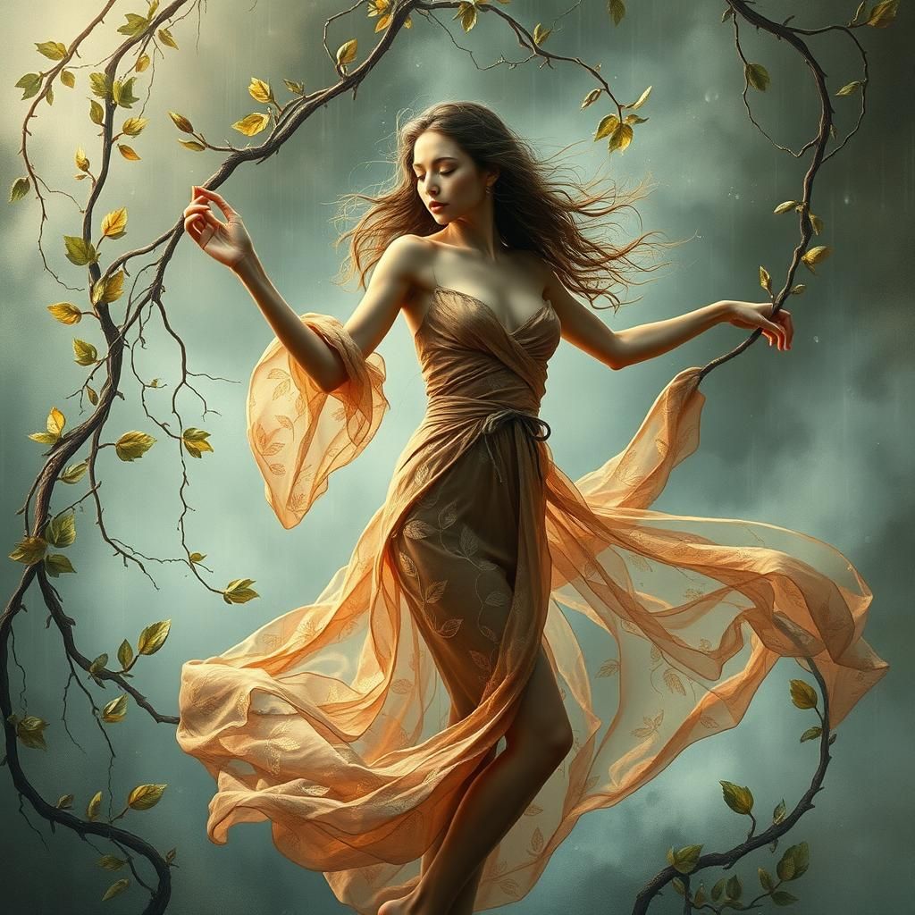 Ethereal Dancer in a Whirlwind of Foliage