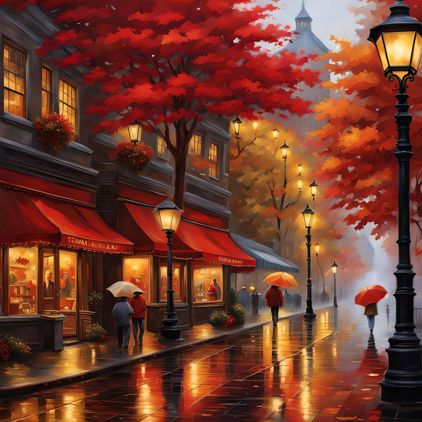 Autumn Rain: Hyperrealistic Townscape with Gold Leaves