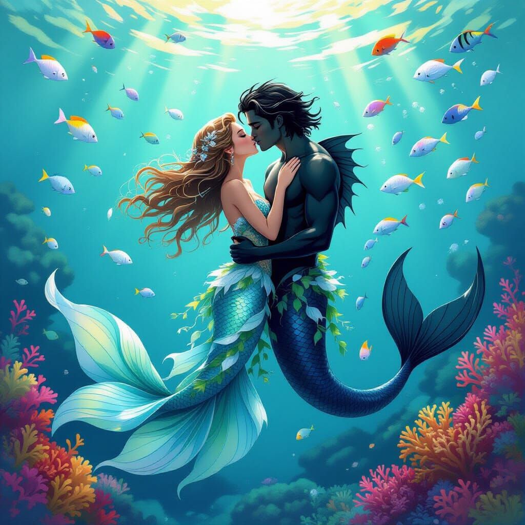 Romantic Mermaid and Merman Kiss in Vibrant Coral Reef
