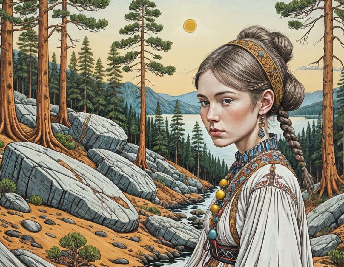 Finnish Folk Maiden in Whimsical Northern Landscapes