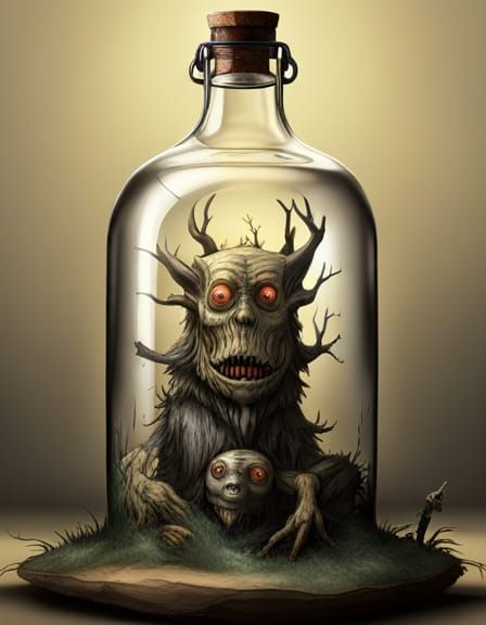 Forest Creatures Trapped in Glass Bottle