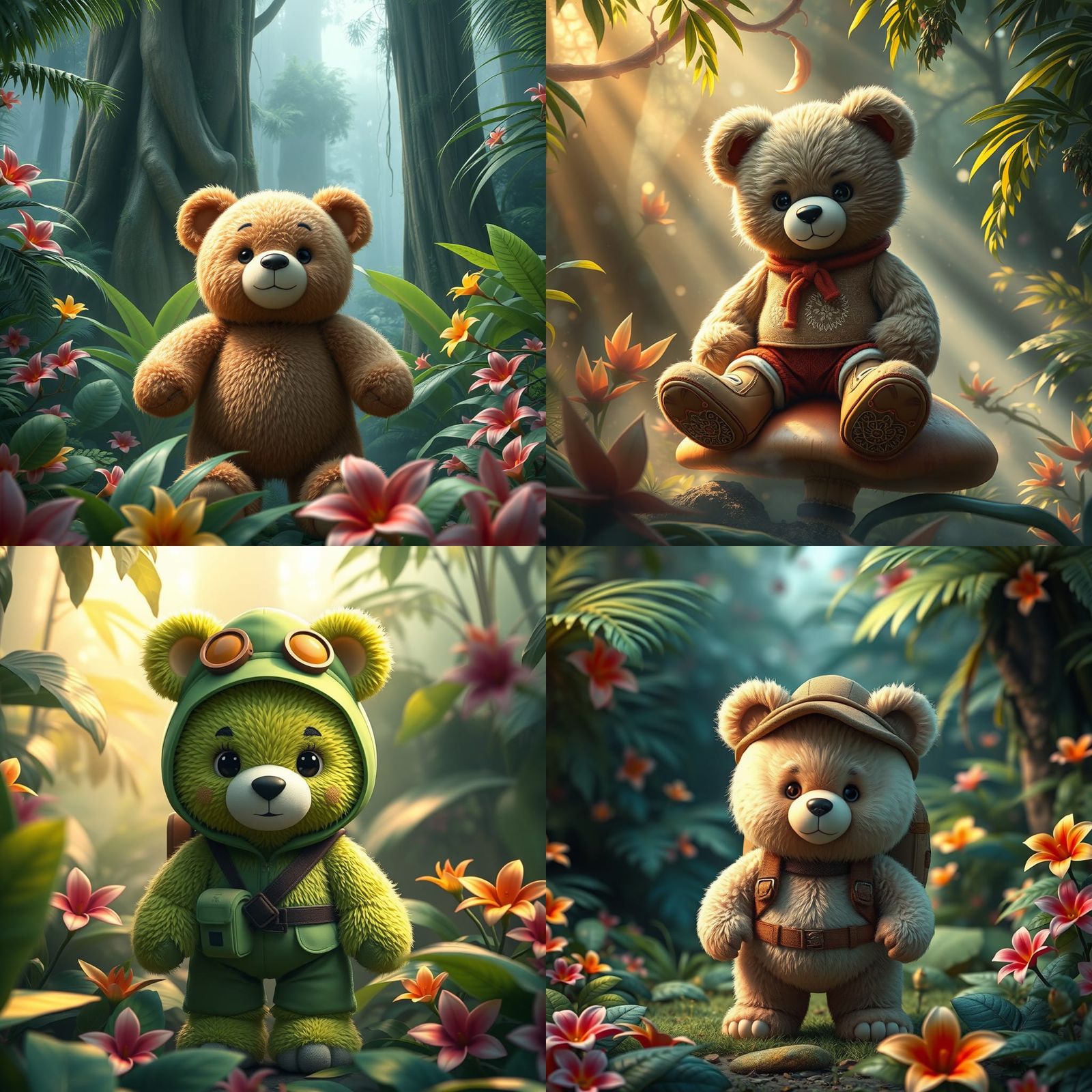 Cute Teddy Bear in Rainforest: 3D Anime Art