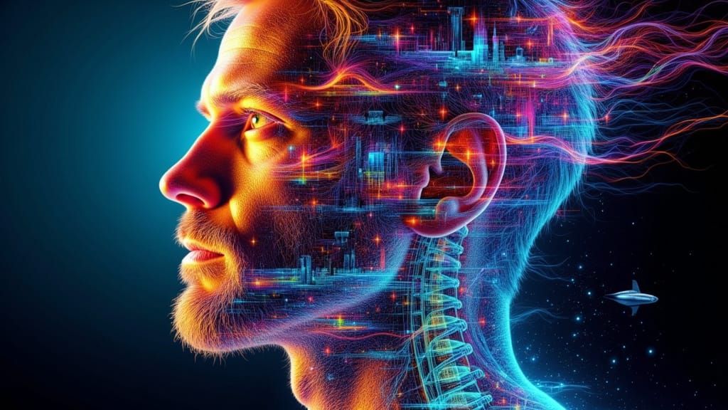 Surreal X-Ray Portrait with Rainbow Landscape