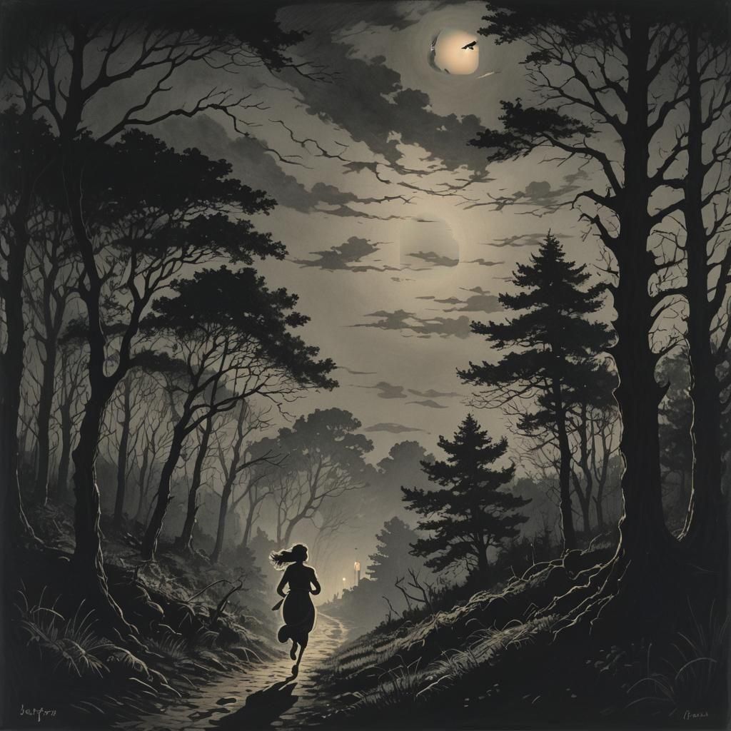 Woman Running Towards Lantern in Misty Forest