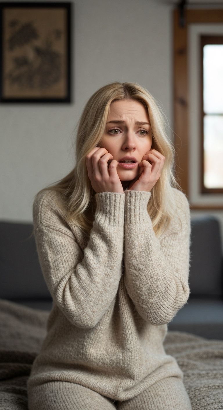 Blonde Woman Shivers in Cozy Room