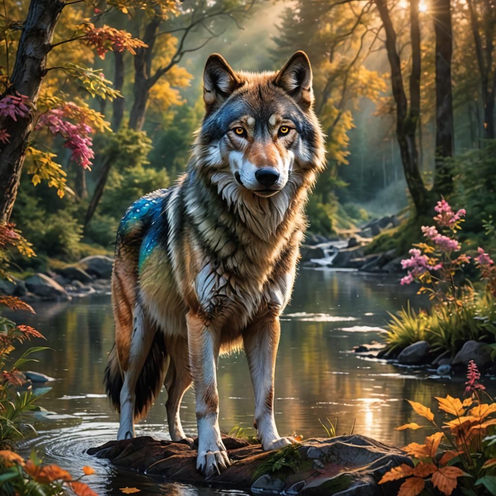 Botanical Wolf in Picturesque Landscape, Fantastical Realism