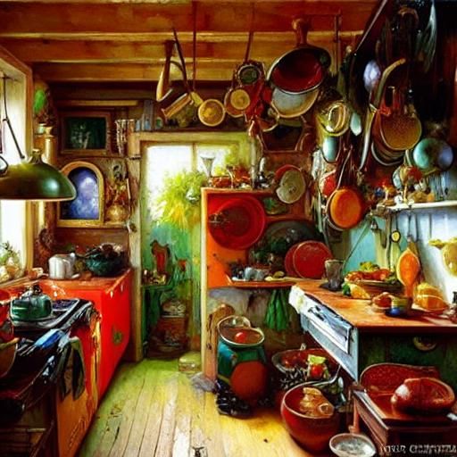 Maximalist Colourful Painting of a Cluttered Kitchen