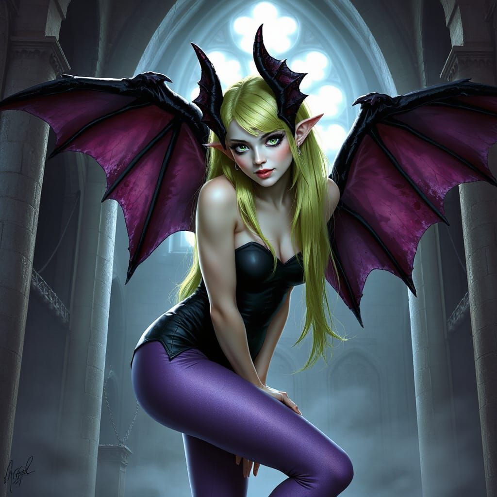 Morrigan Aensland from Darkstalkers, inside a medieval castle.