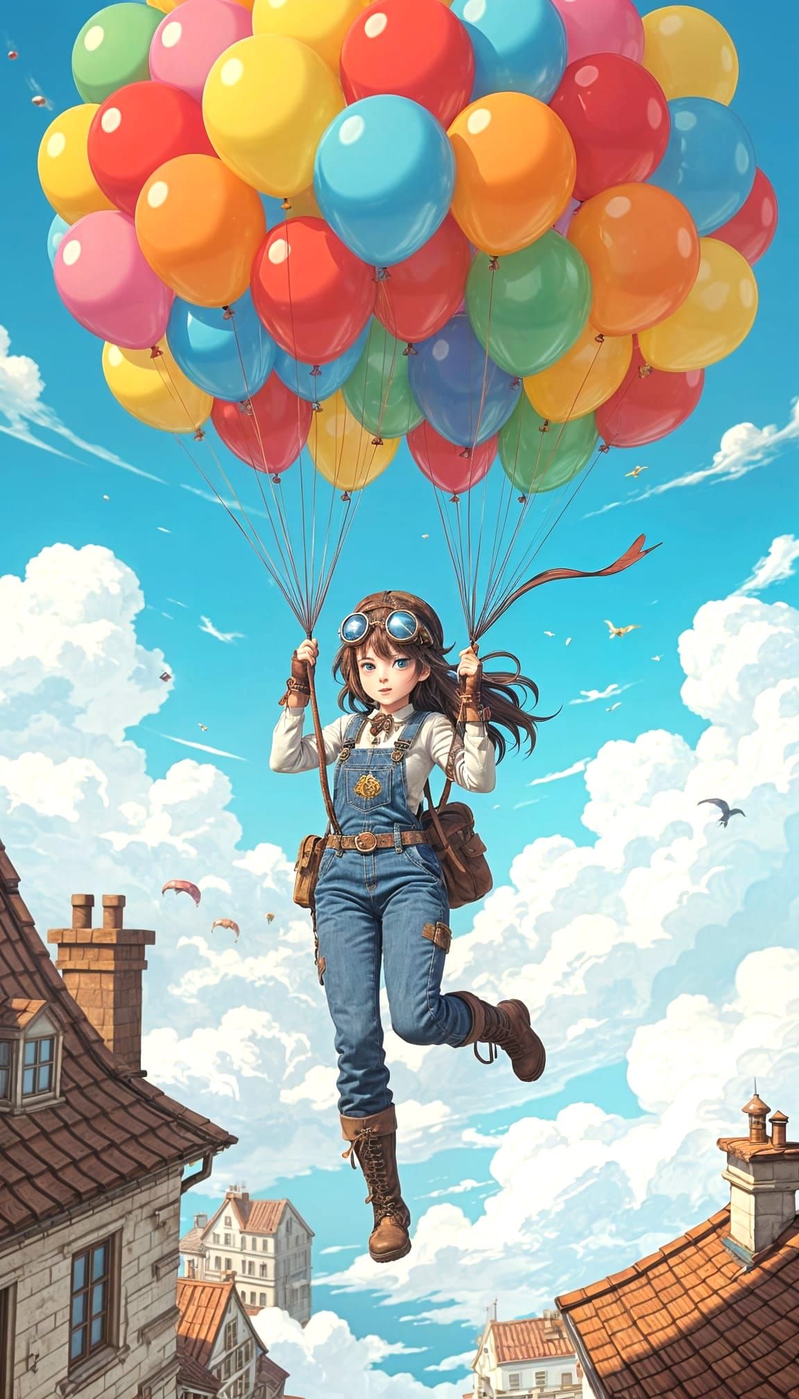 Steampunk Girl Soars with Balloons on Rooftop