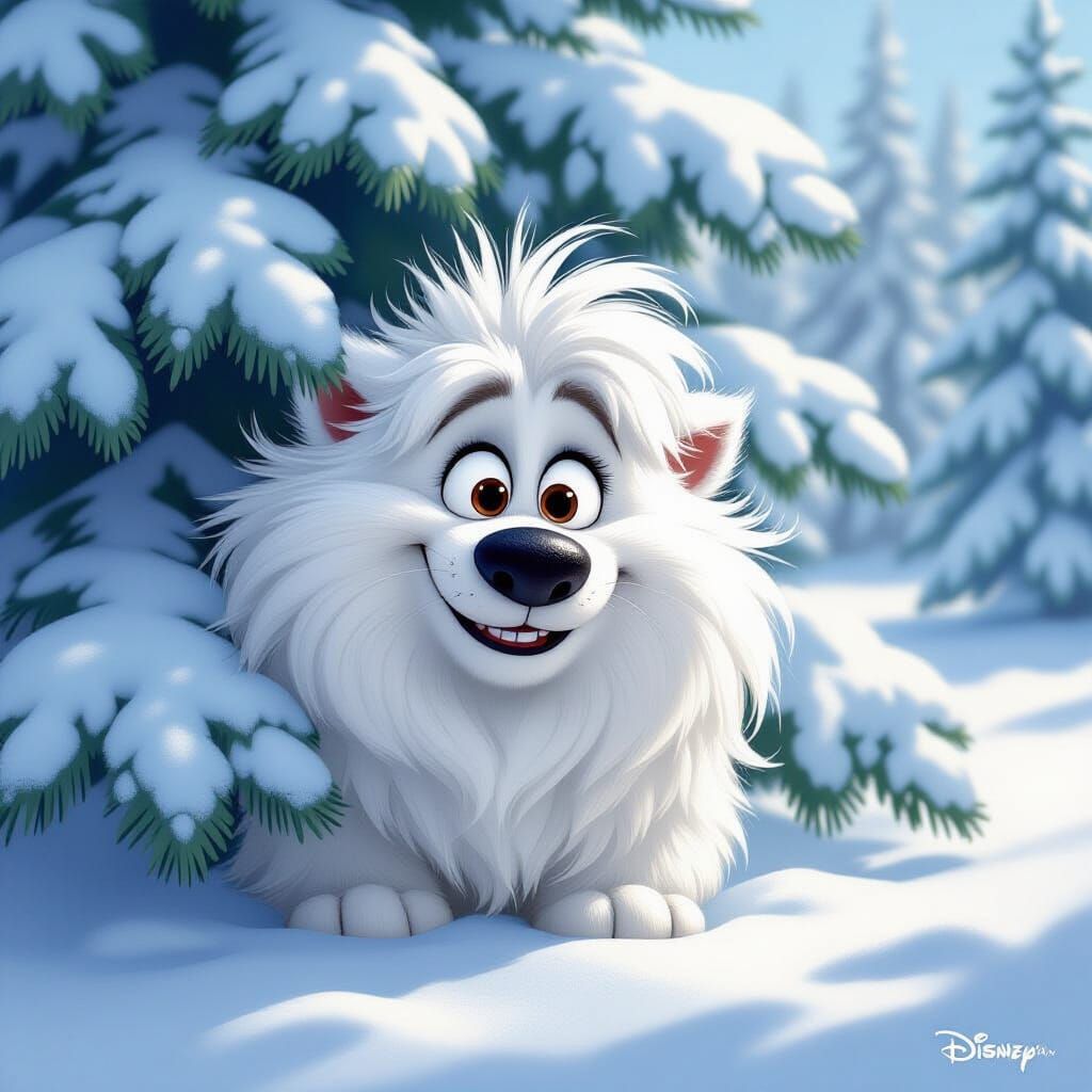 Fluffy Creature with Dog Nose Peeking from Snow Fir