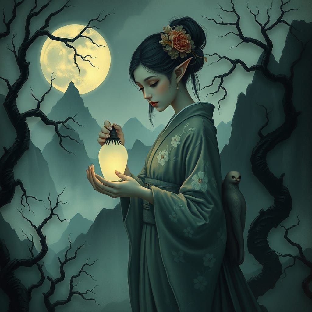 Ethereal Geisha Fairy in Dreamlike Landscape