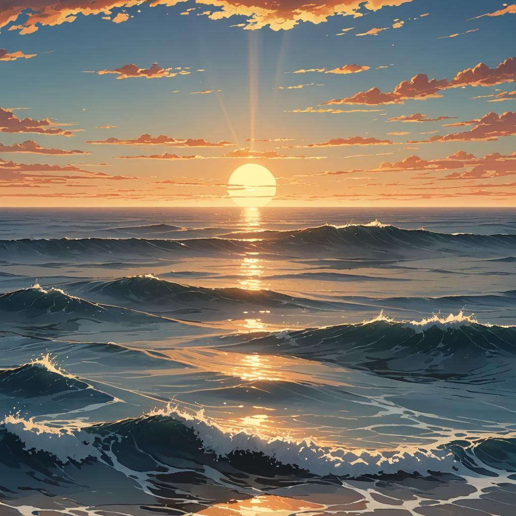 Serene Ocean Dawn in Anime Style